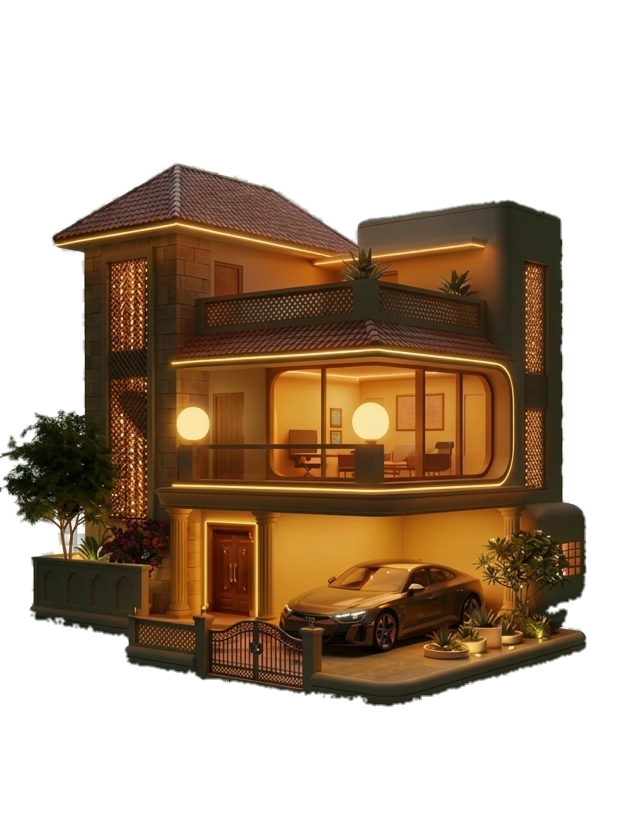Luxury 3D Villa Elevation at Dusk with Warm Lights - Royal Builders